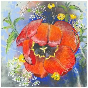een schilderij van een oranje bloem op een blauwe achtergrond