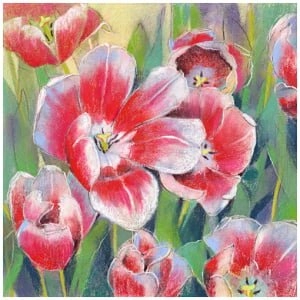 een schilderij van rode en witte tulpen