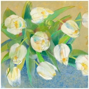 een schilderij van witte bloemen in een blauwe vaas