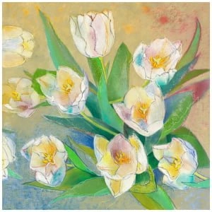 een schilderij van witte en gele bloemen in een vaas