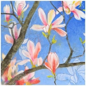 een schilderij van roze bloemen op een boomtak