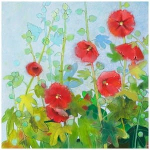 een schilderij van rode bloemen en groene bladeren