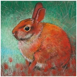 een schilderij van een konijn dat in het gras zit