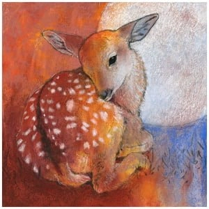 een tekening van een babyhert dat op de grond zit