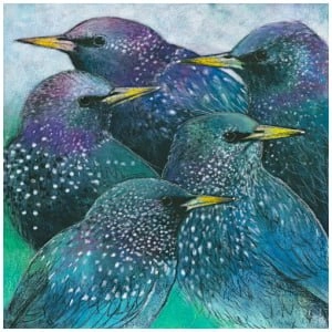 een schilderij van vijf vogels die op elkaar zitten