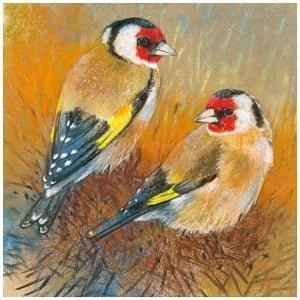 een schilderij van twee vogels die in het gras zitten
