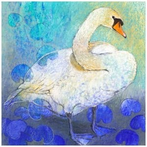 een tekening van een witte zwaan met blauwe belletjes