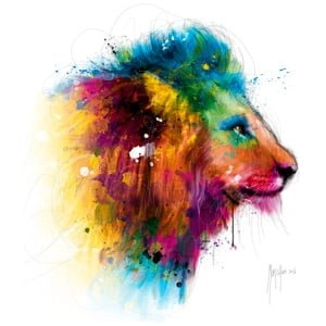 een kleurrijke leeuwenkop met veel verfspatten erop