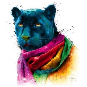een schilderij van een zwarte panter met een kleurrijke sjaal