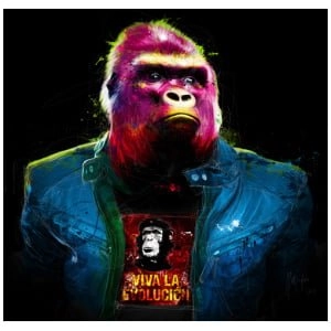 een gorilla met een blauw jasje met neonverf erop