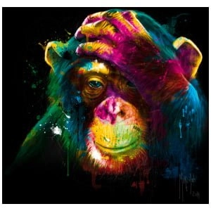 een kleurrijke aap bedekt zijn gezicht met zijn handen