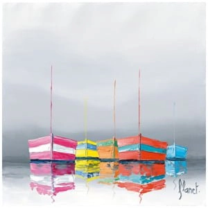 een schilderij van kleurrijke boten die in het water drijven