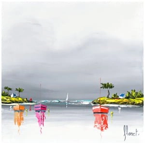 een schilderij van drie boten op het water