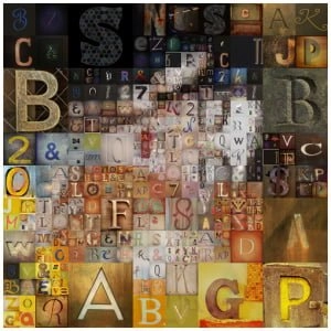 een collage van letters en cijfers bestaande uit verschillende kleuren