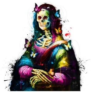 een schilderij van een skelet dat een vogel vasthoudt