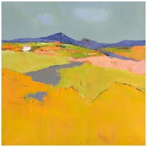 een schilderij van een landschap met bergen op de achtergrond