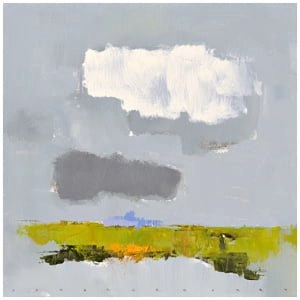 een abstract schilderij met grijze, gele en blauwe kleuren