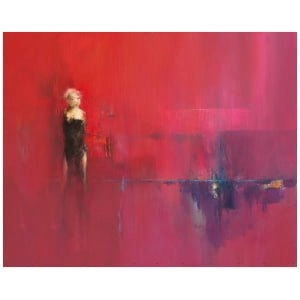 een schilderij van een vrouw die voor een rode muur staat