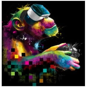 een kleurrijke aap die een videogamecontroller vasthoudt