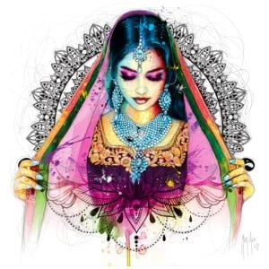 een vrouw met blauw haar, gekleed in een sluier en sieraden