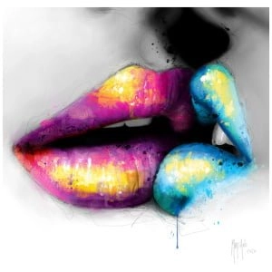 een schilderij van de lippen van een vrouw geschilderd in felle kleuren