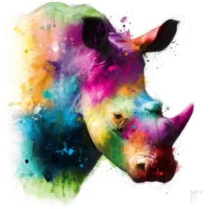 op dit aquarelschilderij wordt een kleurrijke neushoorn getoond