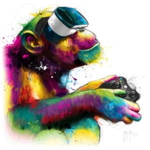 een kleurrijke aap met een hoed die een videogamecontroller vasthoudt