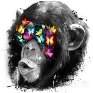 een aap met vlinders op zijn kop