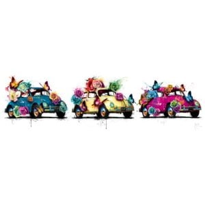 drie kleurrijke auto's met bloemen op de motorkappen