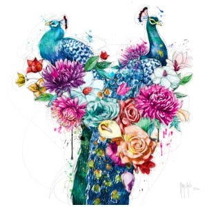 een schilderij van twee pauwen en bloemen in een vaas