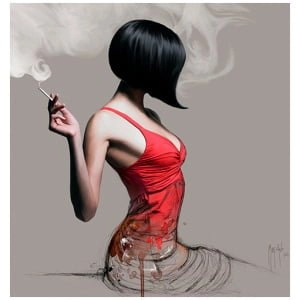 een vrouw in een rode jurk die een sigaret vasthoudt