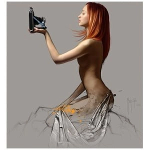 een schilderij van een vrouw die een mobiele telefoon vasthoudt