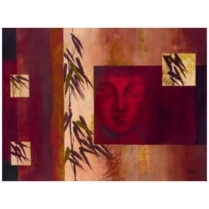 een schilderij van een Boeddha-gezicht omgeven door bamboebladeren