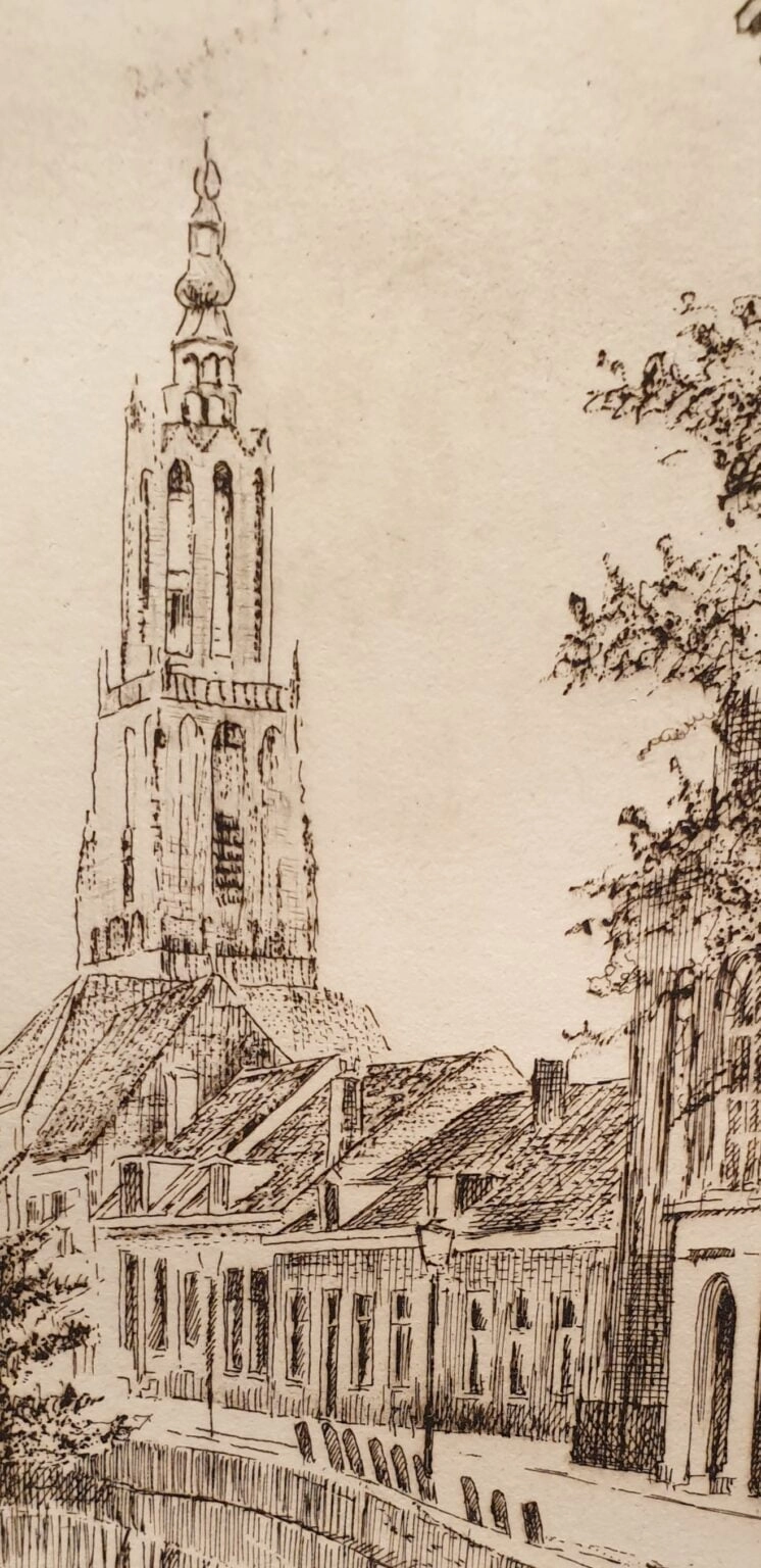 een tekening van een kerk met een klokkentoren op de achtergrond