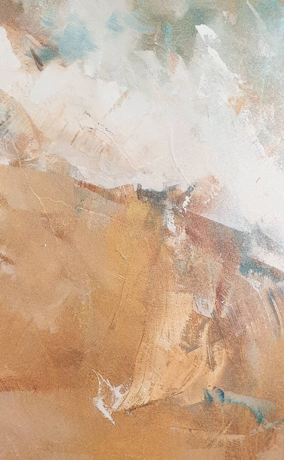 een abstract schilderij met bruine, blauwe en witte kleuren