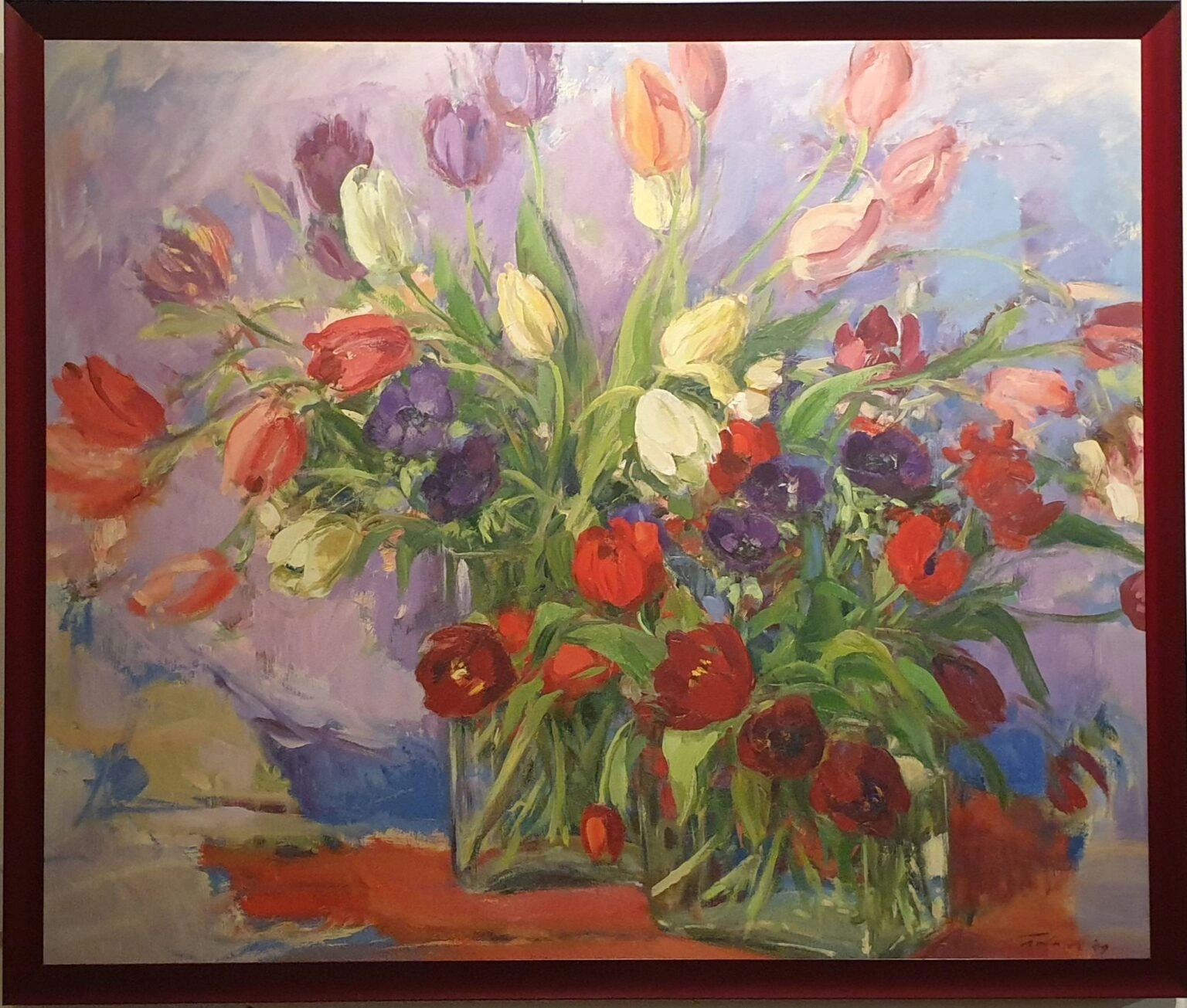 een schilderij van bloemen in een vaas op een tafel