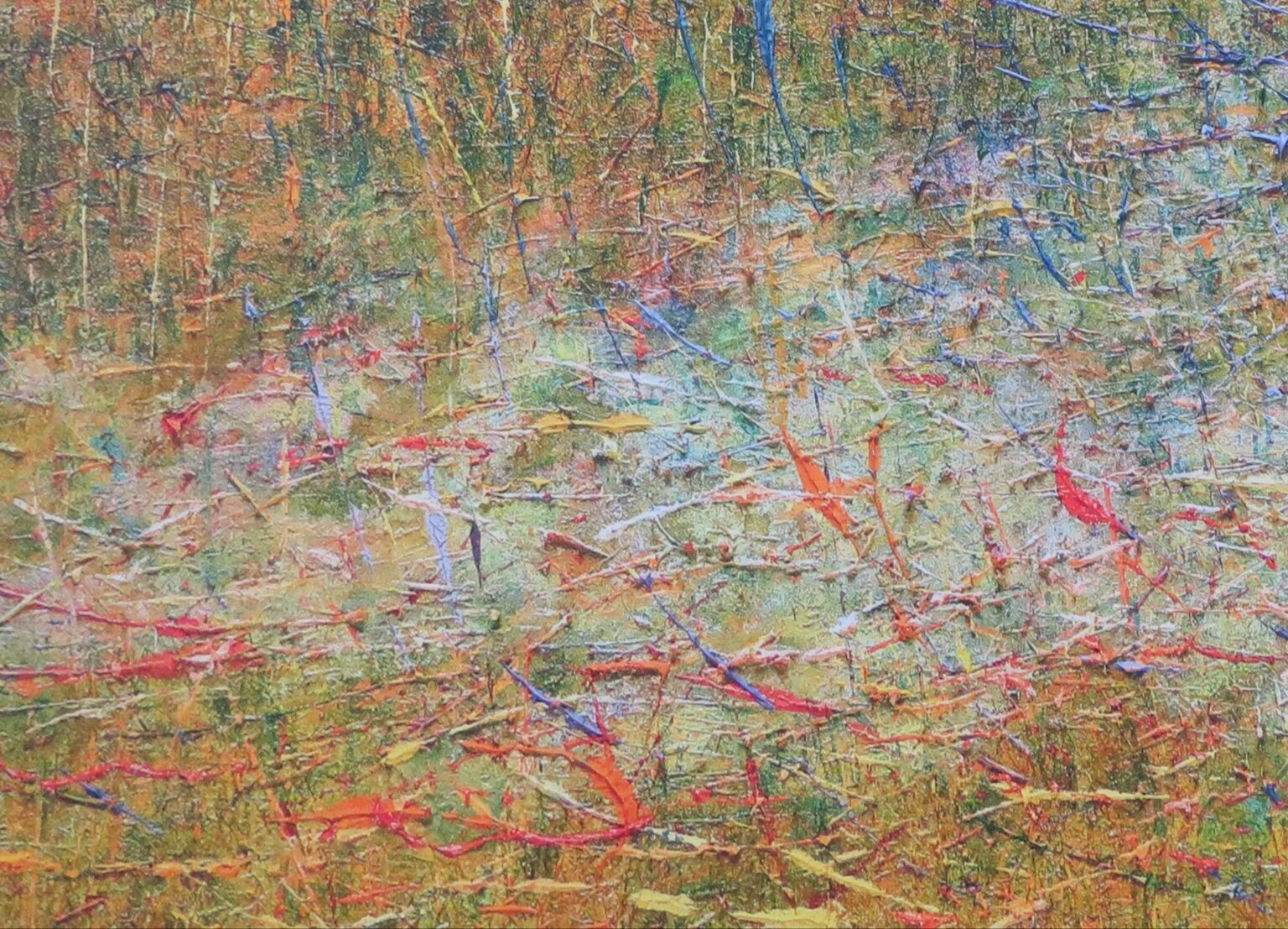 een abstract schilderij met veel kleuren en lijnen