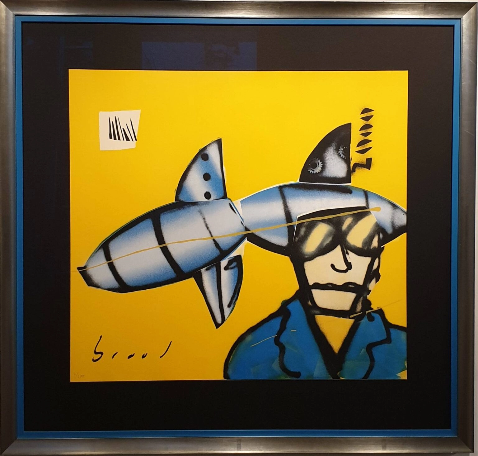 een schilderij van een man met een haai op zijn hoofd