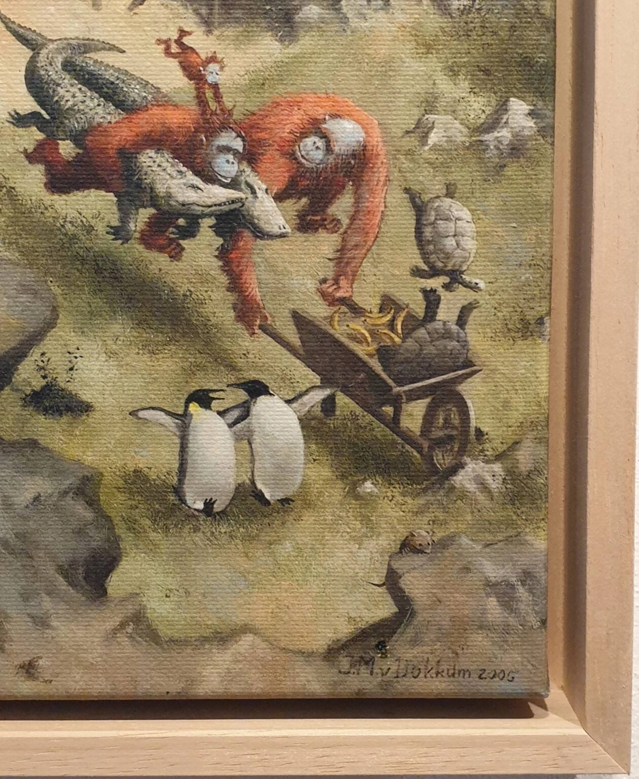 een schilderij van een dier dat een kruiwagen trekt