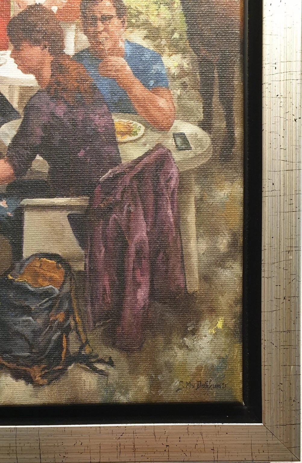 een schilderij van mensen die aan een picknicktafel zitten