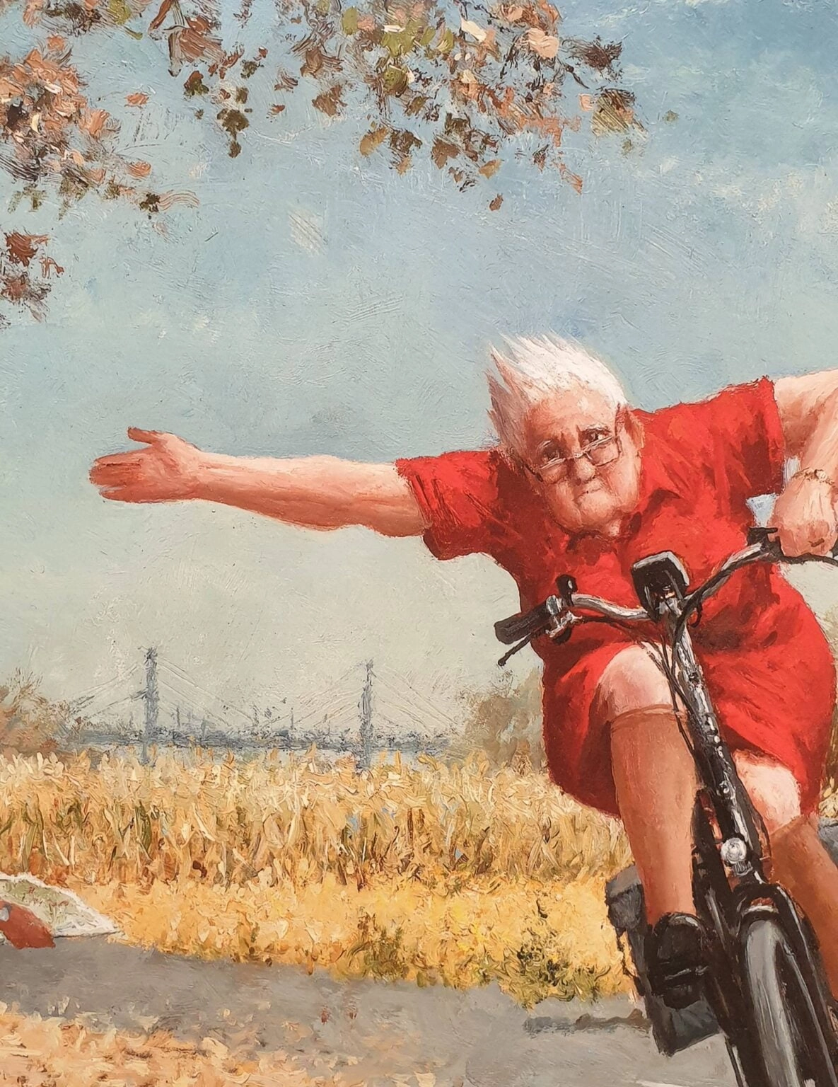 een schilderij van een oudere man op een fiets