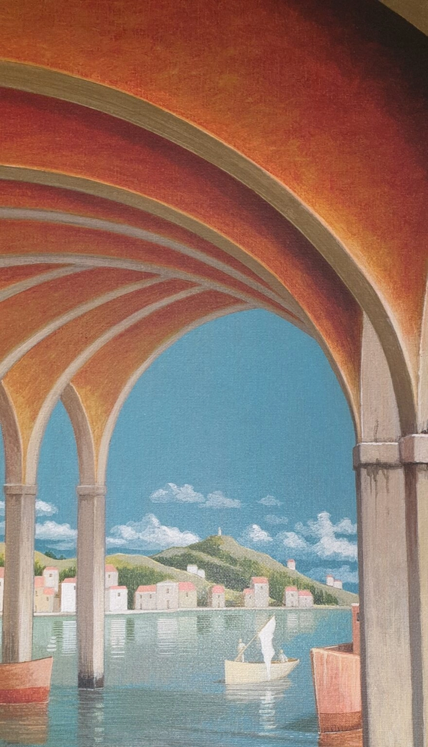 een schilderij van een man in een boot onder een boog