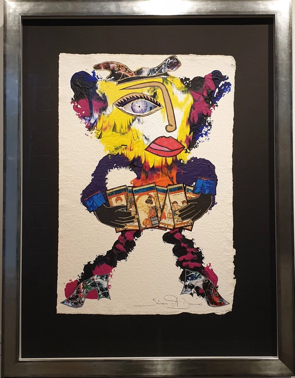 een schilderij van een clown die een trommel vasthoudt