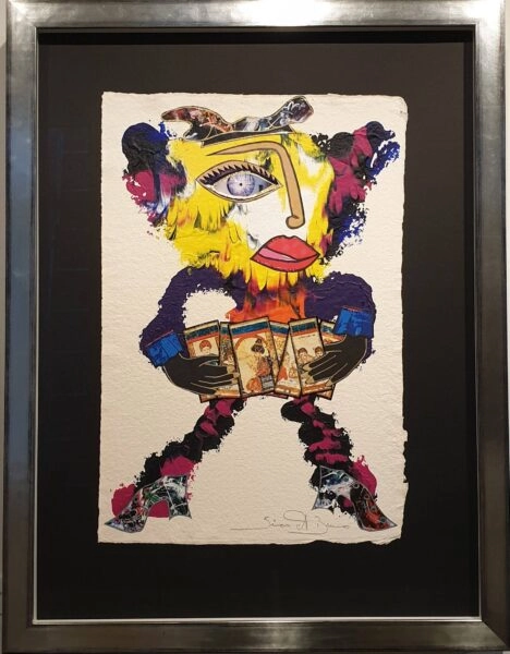 een schilderij van een clown die een trommel vasthoudt