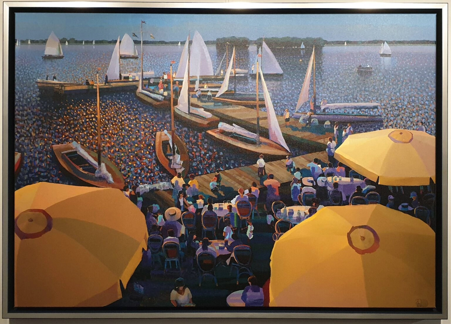 een schilderij van mensen die aan tafels zitten met parasols