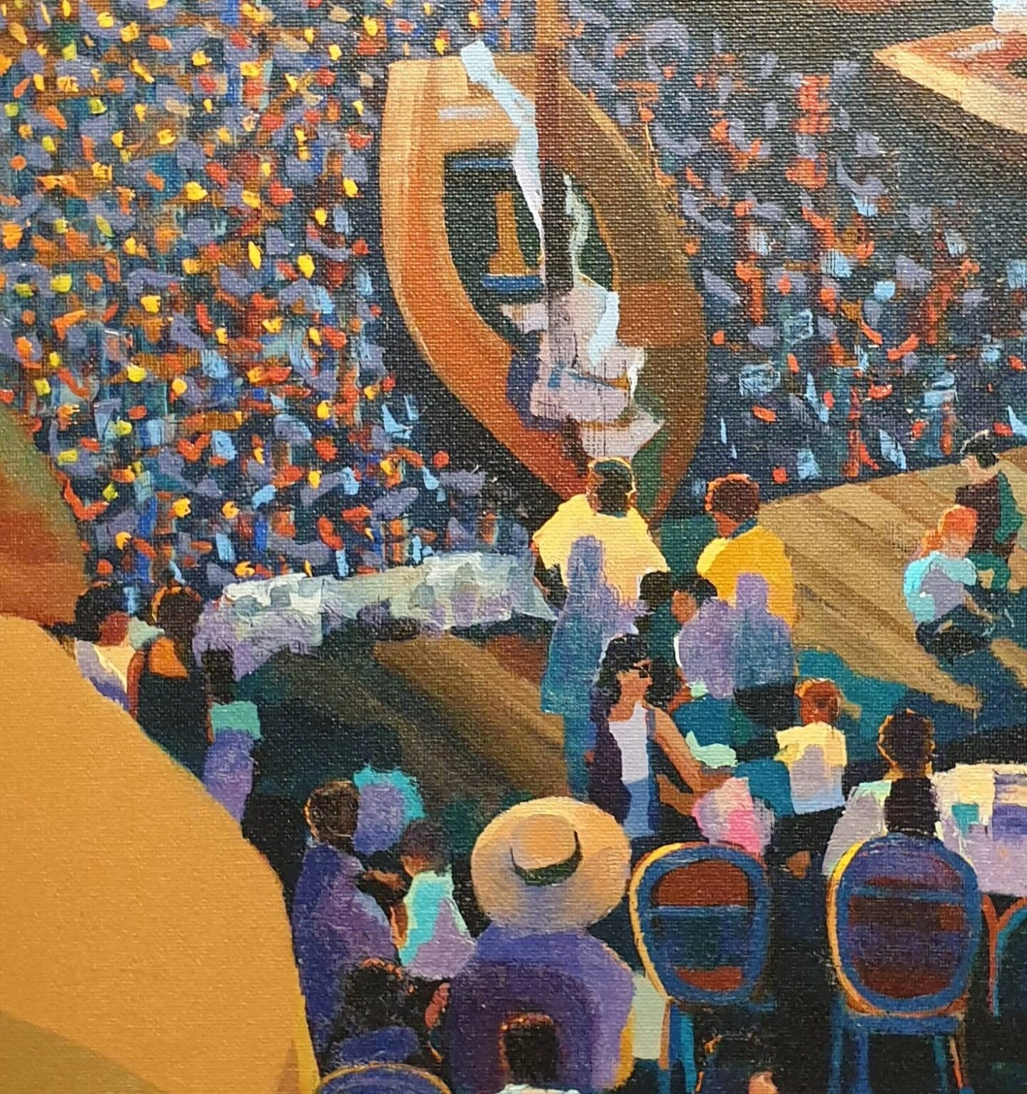 een schilderij van een menigte tijdens een tenniswedstrijd