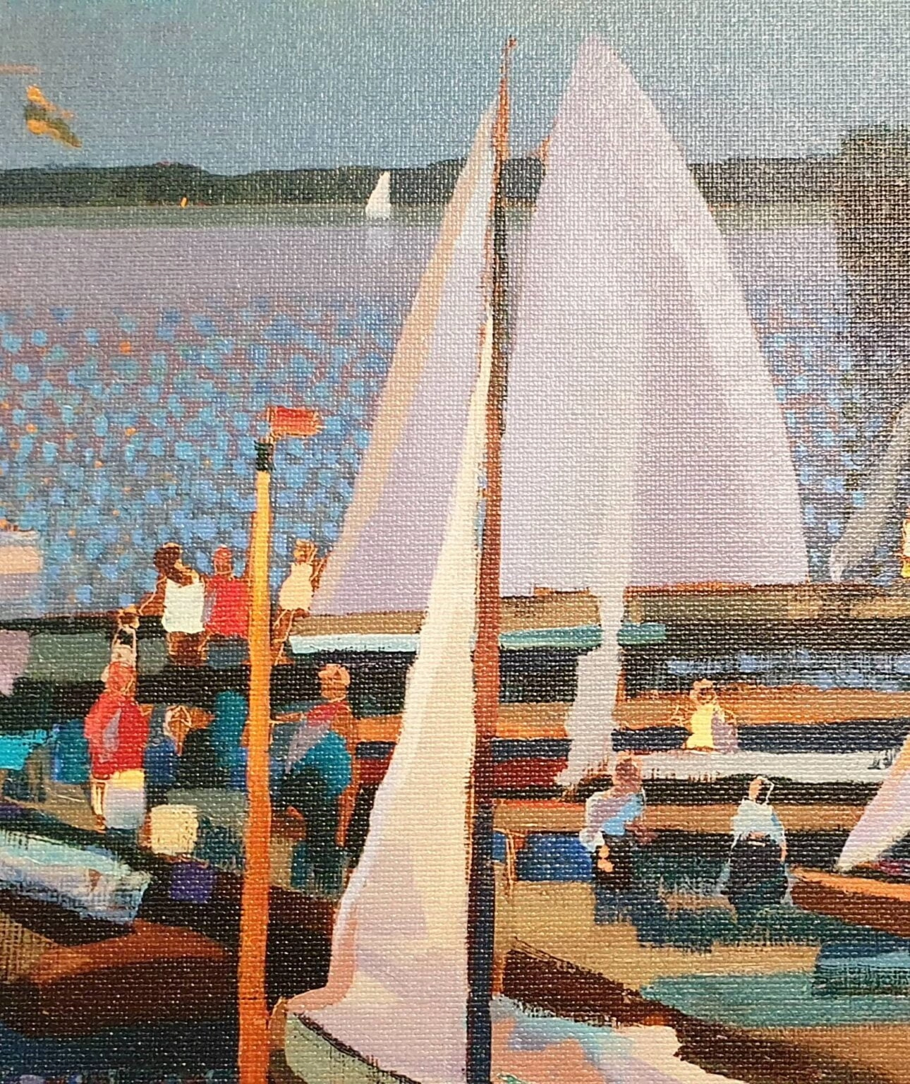 een schilderij van boten die aan een pier zijn aangemeerd