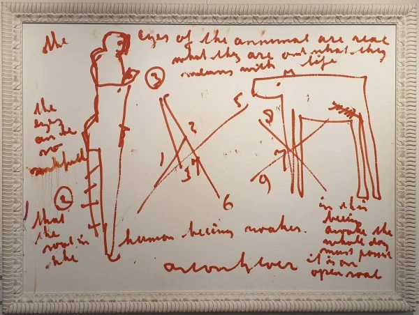 een tekening op een wit bord met rode letters