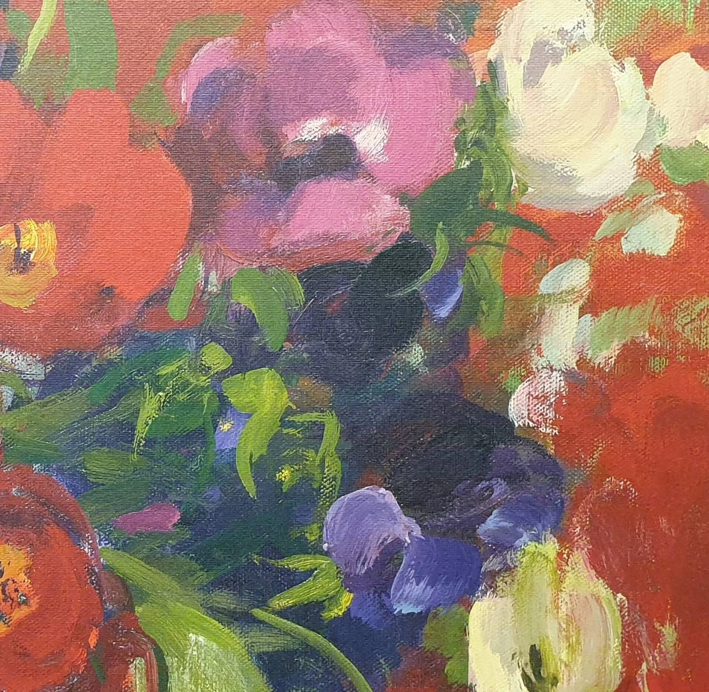 een olieverfschilderij van bloemen in een vaas