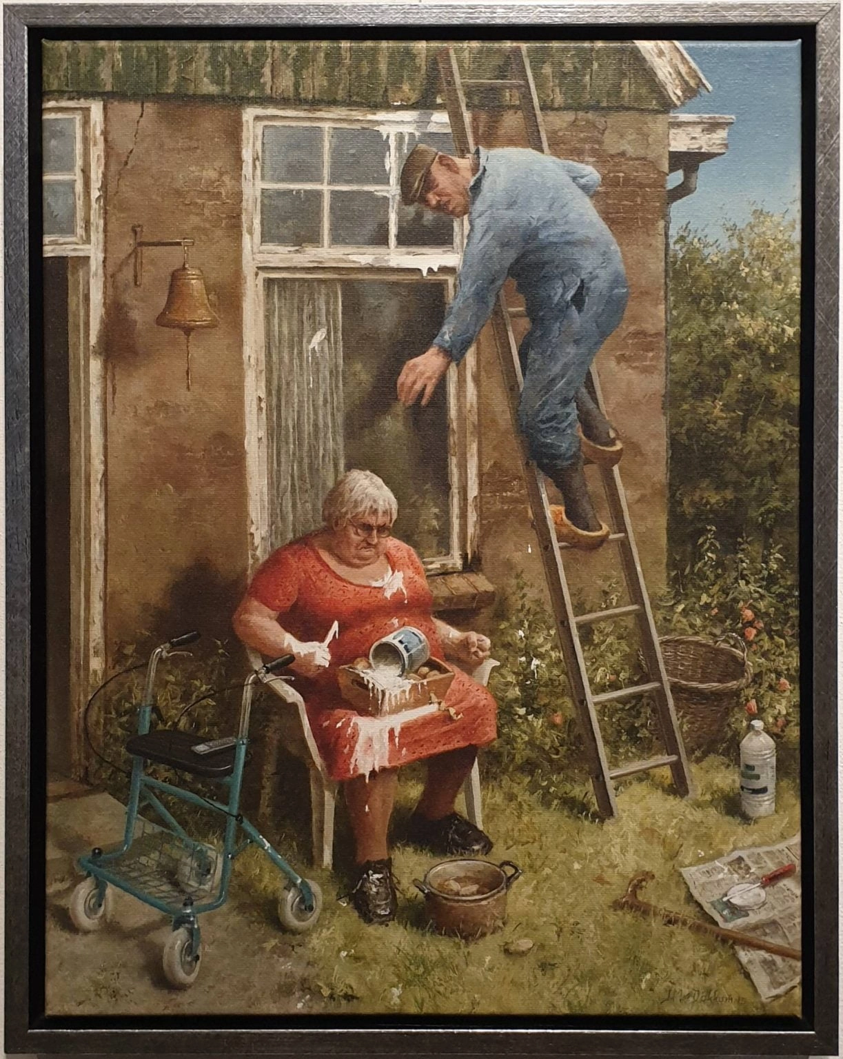 een schilderij van een man die een ladder beklimt